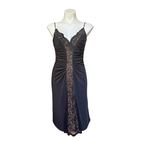 Tadashi Shoji Vintage 90s Women's Ruched Slip Dress Lace Panel Black Medium - Picture 1 of 8